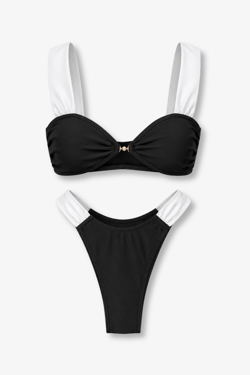 Costum de Baie 2 Piese High Leg Bikini Mirelle Alb Negru – vedere față, purtat de model